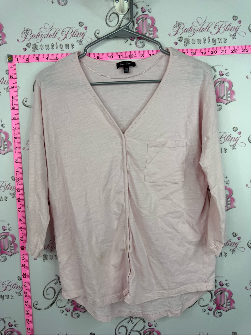 Lord & Taylor Pale Pink V-Neck Long Sleeve Tee with Chest Pocket
